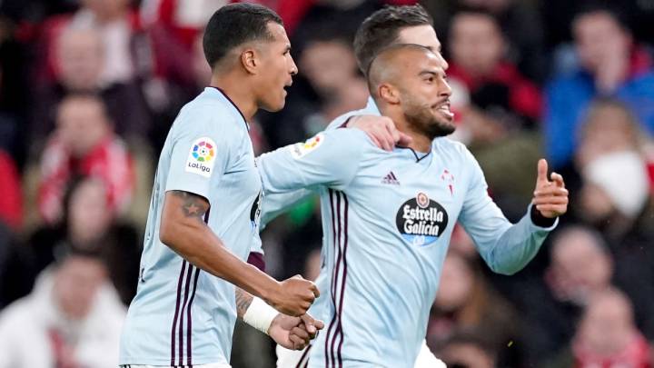 Jeison Murillo festeja junto a sus compañeros el gol en el partido entre Celta y Athletic en la Liga de España