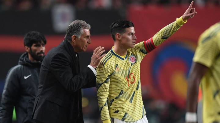 Queiroz y James ante Corea del Sur en marzo de 2019
