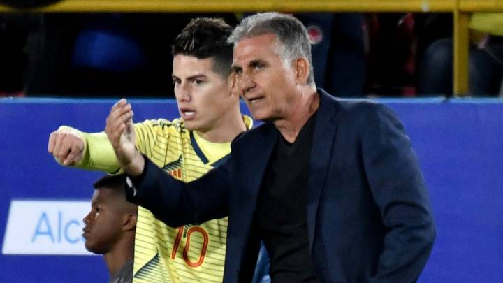 Carlos Queiroz y James Rodríguez en un partido de la Selección Colombia en Bogotá