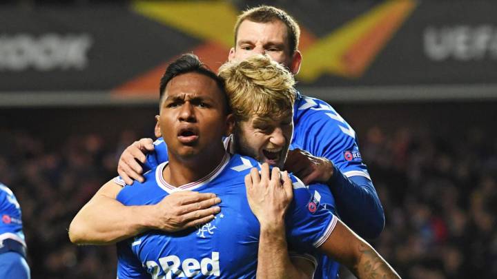 Alfredo Morelos festeja un gol en la Europa League