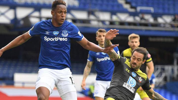 Yerry Mina, en el partido entre Everton y Southampton que terminó 1-1