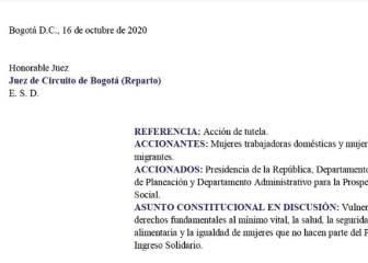 Mujeres acuden a tutela para acceder a Ingreso Solidario