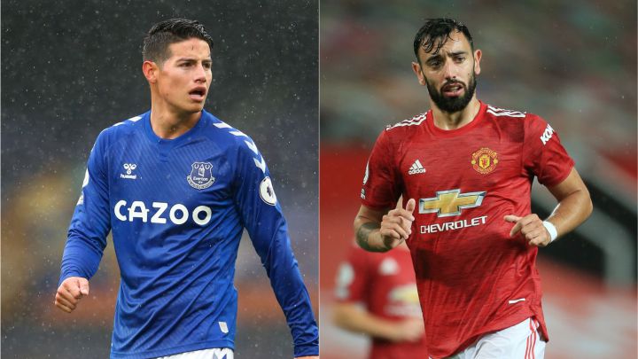 James Rodríguez y Bruno Fernandes: Se enfrentan los cracks de Everton y Manchester United.