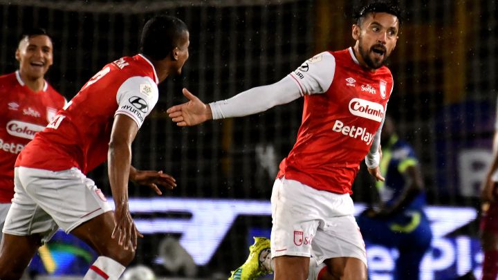 Andrés Pérez celebra un gol que le marcó a Tolima en Bogotá