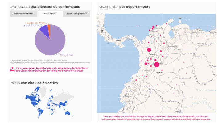 Mapa del coronavirus en Colombia, este 17 de mayo de 2021. Casos, muertes y recuperados por departamentos. 107.971 casos activos hasta el momento.