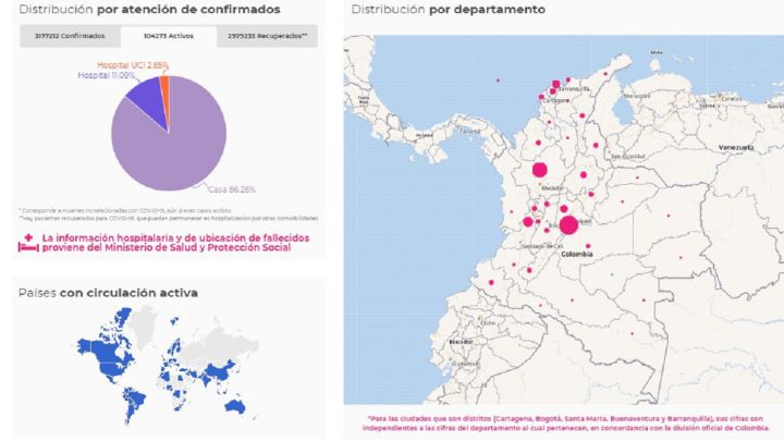 Mapa del coronavirus en Colombia del 21 de mayo de 2021. El Ministerio de Salud informa que hay más de 16.086 nuevos casos en estas 24 horas.