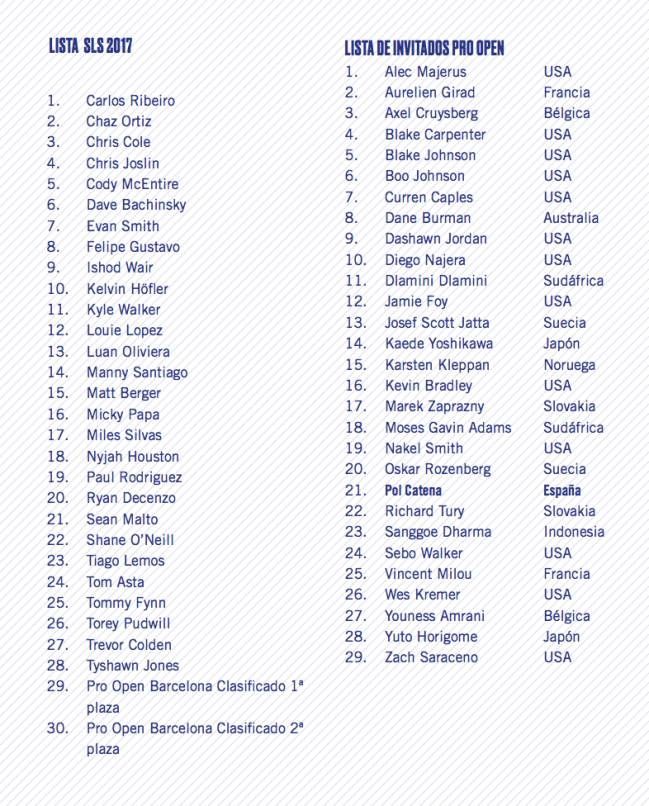 Lista de riders - Street League Barcelona 2017