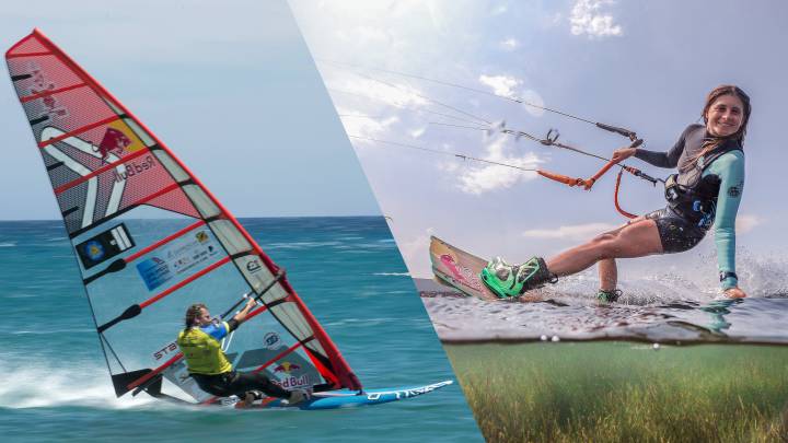 Björn Dunkerbeck (Windsurf) y Gisela Pulido (Kitesurf) navegando como promoción del Red Bull Tarifa2, evento que enfrentará a kitesurfistas y windsurfistas para ver quiénes son más rápidos.