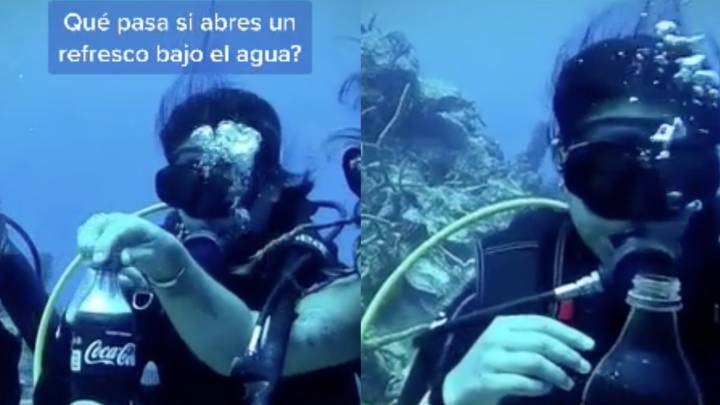 ¿Qué ocurre si se abre un refresco bajo el agua?