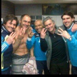Photo shows Mou and his staff celebrating Copa semi win Photo shows Mou and his staff celebrating Copa semi win