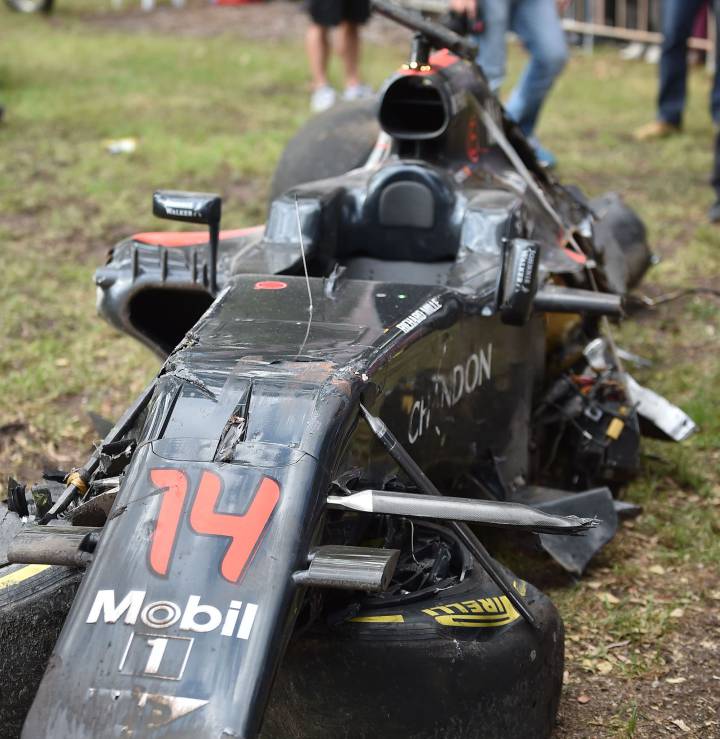 The car wreckage of McLaren Honda's Fernando Alonso