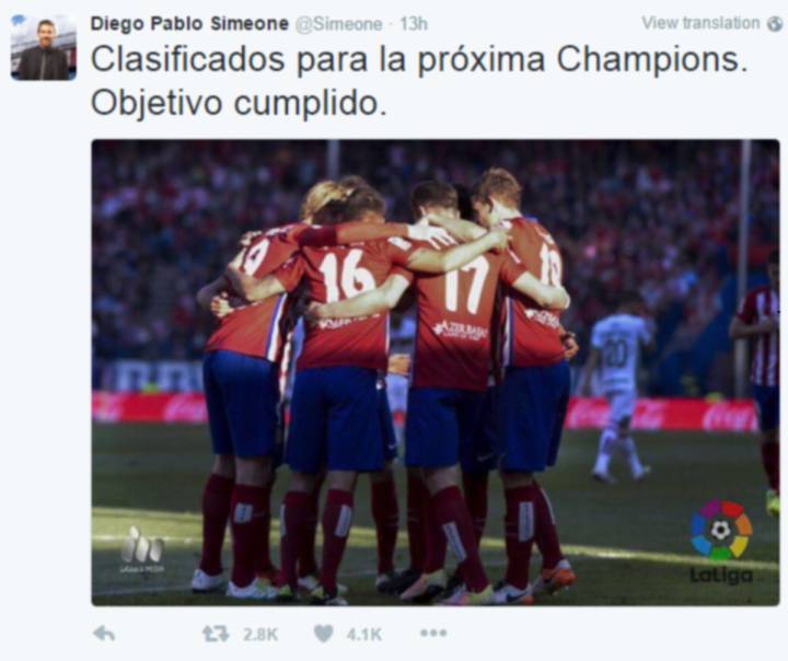 Simeone celebrates securing Champions League qualification: "Mission accomplished"