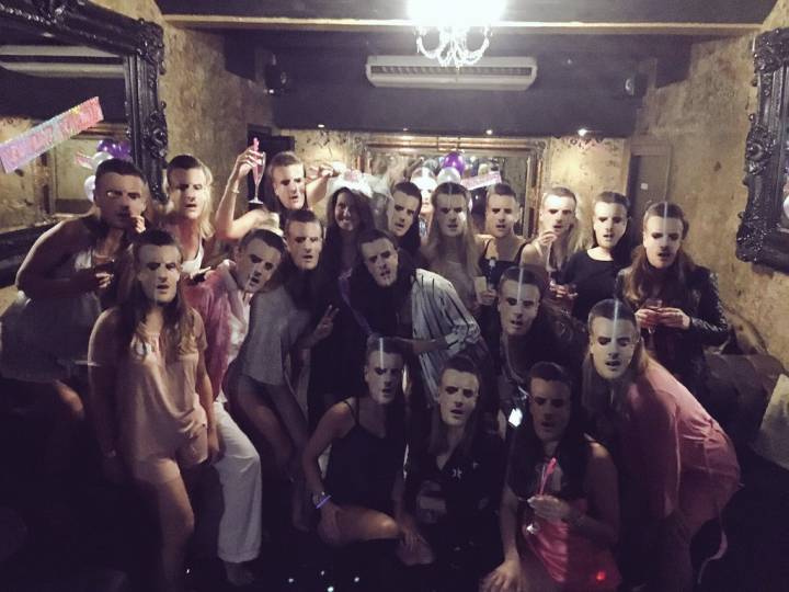 On the hen-do for Becky Nicholson, all the guests wore Jamie Vardy masks.