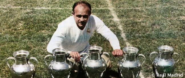 Real Madrid club legend Alfredo di Stefano with Real Madrid's first five European Cups.