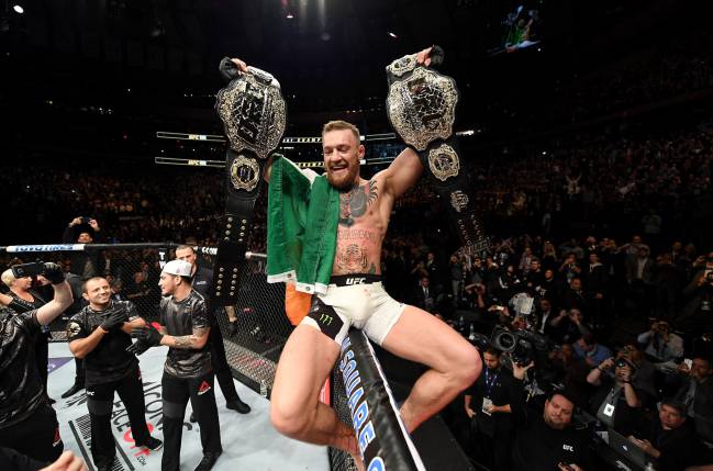 Conor McGregor of Ireland celebrates his KO victory over Eddie Alvarez