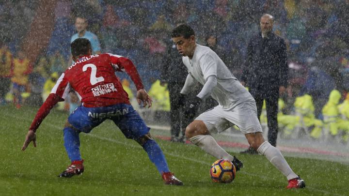 James Rodriguez takes on Douglas on Saturday evening.