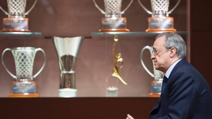 Real Madrid's President Florentino Perez speaks during an AFP interview in the trophy room of the Santiago Bernabeu stadium in Madrid