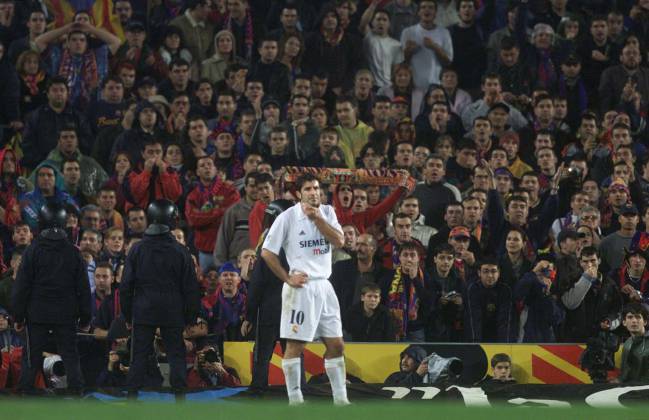 Luis Figo during the game where a pig's head was thrown onto the field.