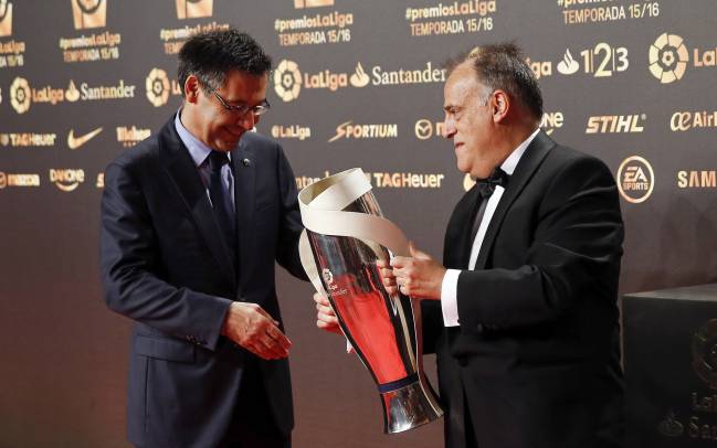 La Liga president Javier Tebas with Barcelona club president Josep Maria Bartomeu