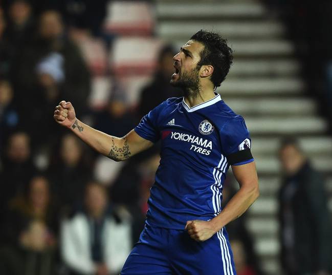 Cesc Fabregas of Chelsea celebrates scoring his sides first goal against Sunderland