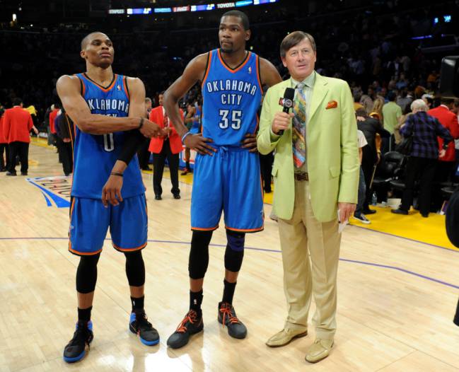 Oklahoma City Thunder point guard Russell Westbrook and small forward Kevin Durant are interviewed by Craig Sager after game four of the Western Conference semi finals of the 2012 NBA Playoffs against the Los Angeles Lakers at the Staples Center.
