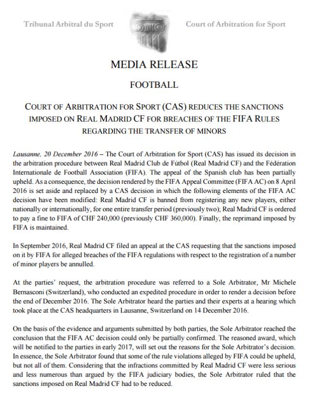 CAS ruling: Madrid will be able to sign in summer market