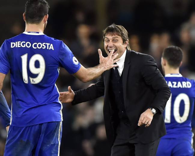 Chelsea's Antonio Conte celebrates after the English Premier League soccer match between Chelsea and Stoke City