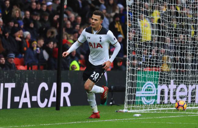Dele Alli of Tottenham Hotspur celebrates as he scores their third goal during the Premier League match against Watford