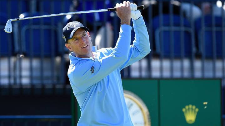 US golfer Jim Furyk watching his shot from the 14th tee during his first round 74 on the opening day of the 2016 British Open Golf