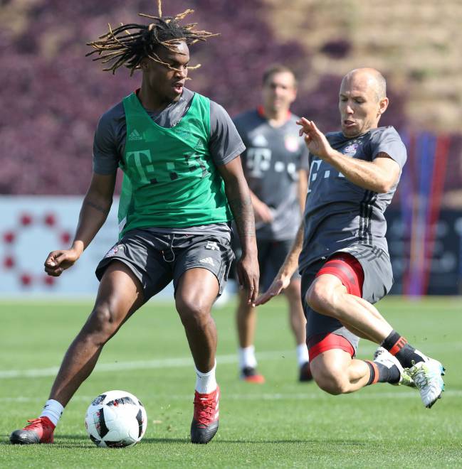 Bayern Munich's Portuguese forward Renato Sanches and Dutch forward Arjen Robben take part in a training session