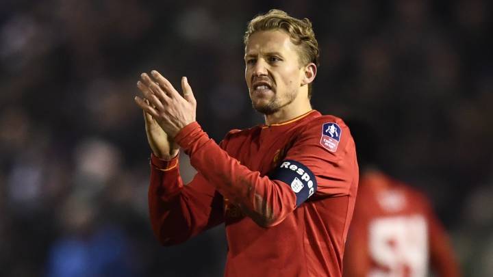 Liverpool's Lucas Leiva applauds fans after the game