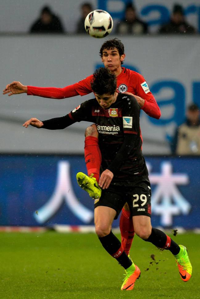 Leverkusen's midfielder Kai Havertz and Frankfurt's Spanish defender Jesus Vallejo vie for the ball during the German First division