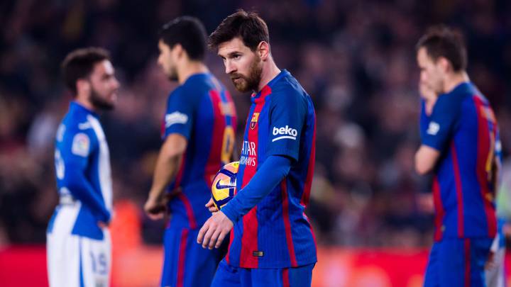 Lionel Messi of FC Barcelona looks on before kicking a penalty shot and scoring his team's second goal during the La Liga match between FC Barcelona and CD Leganes