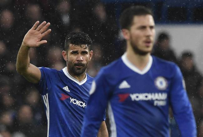 Chelsea's Diego Costa celebrates after scoring against Swansea City during the English Premier League soccer match Chelsea vs Swansea