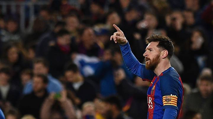 Barcelona's Argentinian forward Lionel Messi celebrates after scoring a goal during the Spanish league football match FC Barcelona vs RC Celta de Vigo