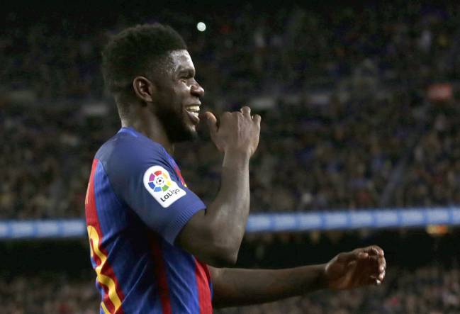 Samuel Umtiti celebrates his first goal for Barcelona.
