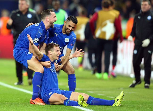 Marc Albrighton celebrates his goal for Leicester against Sevilla at the King Power Stadium.