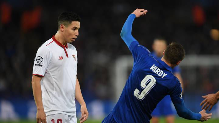 Sevilla midfielder Samir Nasri received two yellow cards as Leicester City won 2-0 to progress to the Quarter Finals of the Champions League