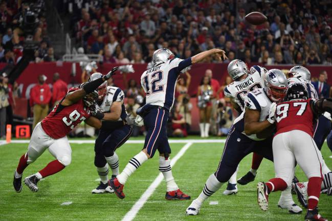 Tom Brady of the Patriots during Super Bowl LI between the New England Patriots and the Atlanta Falcons at NGR Stadium in Houston, Texas.