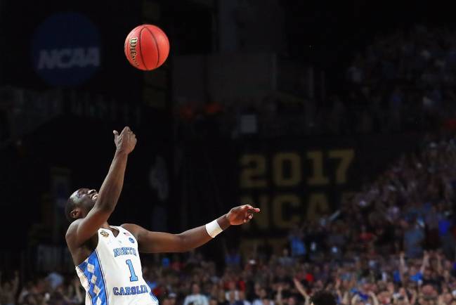 Theo Pinson of the North Carolina Tar Heels celebrates after defeating the Gonzaga Bulldogs during the 2017 NCAA Men's Final Four National Championship game