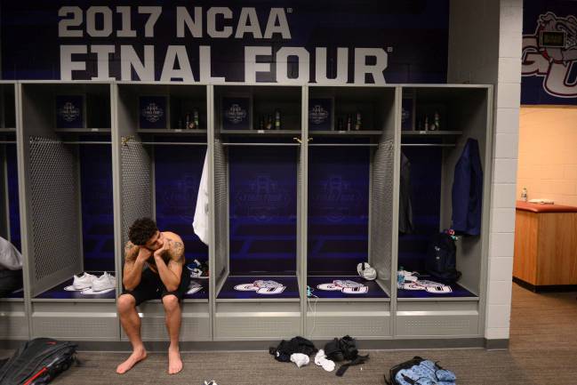 Gonzaga Bulldogs guard Josh Perkins reacts in the locker room after the loss to the North Carolina Tar Heels.