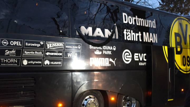 Borussia Dortmund's damaged bus is pictured after an explosion