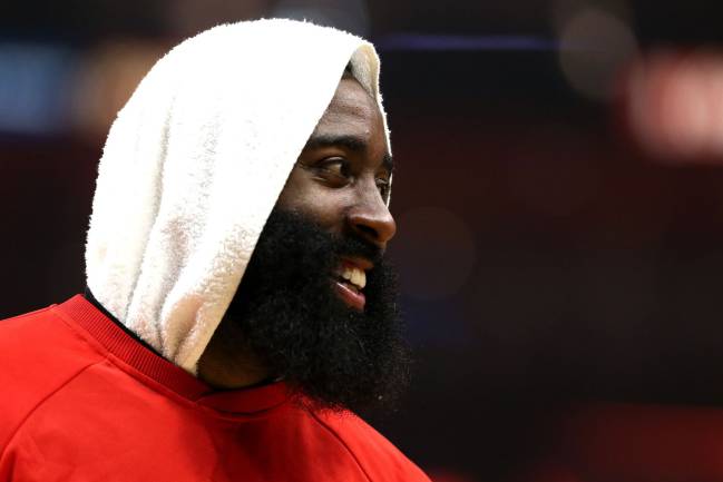 James Harden of the Houston Rockets looks on during the first half of a game against the LA Clippers