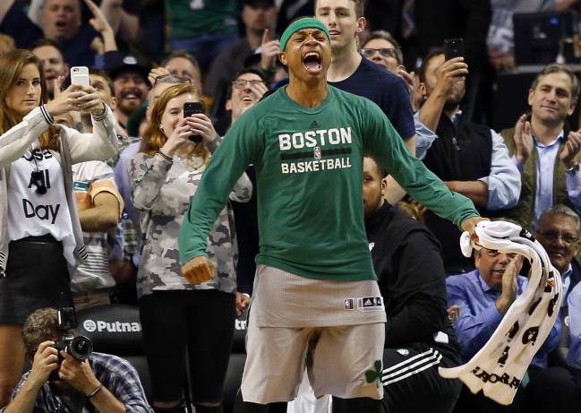 Boston Celtics guard Isaiah Thomas celebrates in the final moments of the Boston Celtics 112-94 win over the Milwaukee Bucks