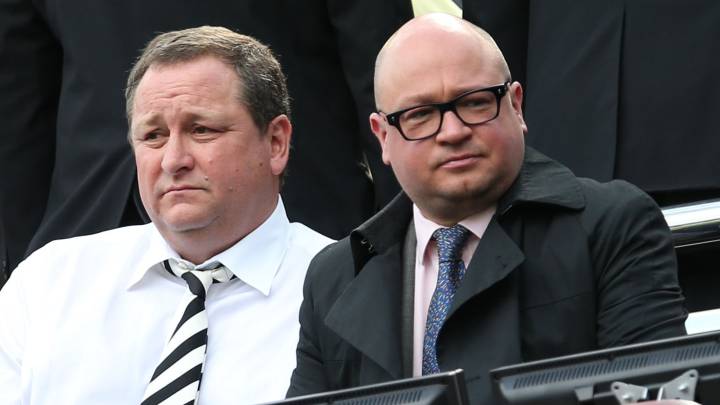 Newcastle United's English owner Mike Ashley (L) flanked by managing director Lee Charnley at St James Park,