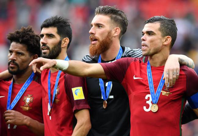 Portugal's Eliseu,Luis Neto,goalkeeper Jose Sa and Pepe celebrate at the end of the 2017 FIFA Confederations Cup third place match.