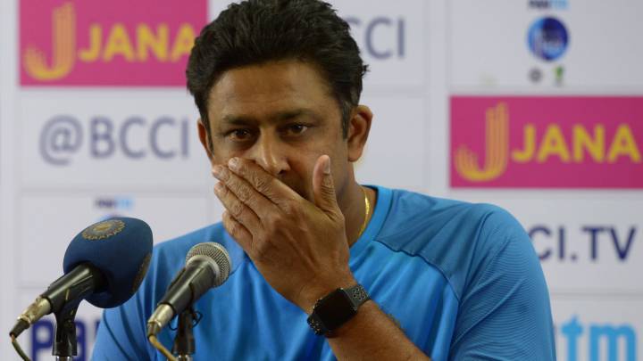 Indian cricket coach Anil Kumble addresses a press conference