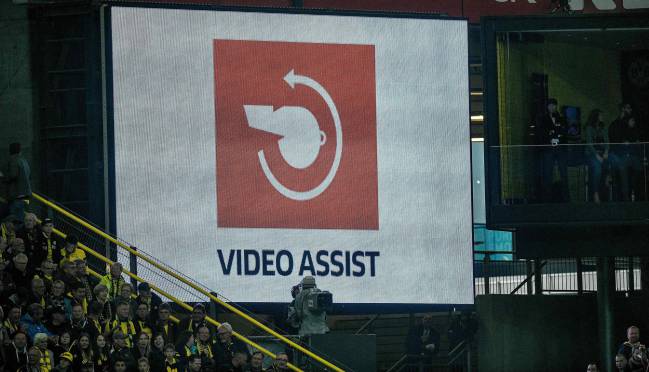 The logo of the video assistant referee (VAR) on a screen during the German first division Bundesliga football match Borussia Dortmund v FC Cologne in Dortmund.
