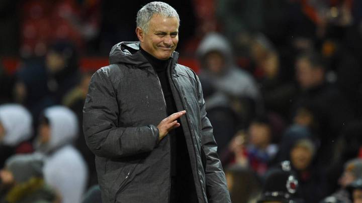 Manchester United's Portuguese manager Jose Mourinho reacts as he leaves the pitch during the English Premier League football match between Manchester United and Brighton and Hove Albion at Old Trafford.