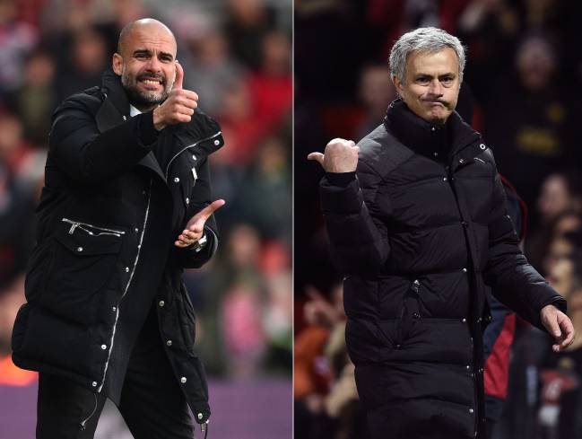 Manchester City's Spanish manager Pep Guardiola and Manchester United's Portuguese manager Jose Mourinho.